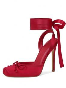Women's Satin Ballet Stiletto High Heel Pumps Square Toe Elegant Bow Mary Jane Shoes Lace Up Lolita Cosplay Shoes Mary Jane Cute Goth Elegant Wedding Party Shoes For Women - Đỏ - Xem 3