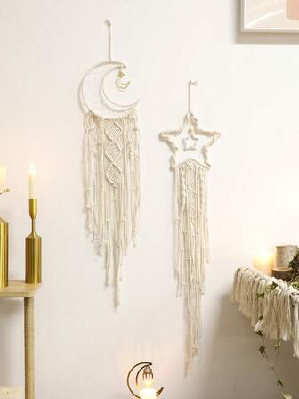1 pieza Decoración colgante tejida a mano con diseño de estrella y luna, atrapasueños de estilo bohemio de macramé con flecos, arte de pared minimalista, adecuado para sala de estar, dormitorio, oficina y decoración del hogar