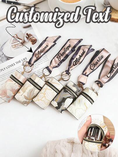 Customizable Name Embroidery Silk Scarf Coin Purse, Lipstick Case, With Golden Keychain - Zipper Closure, Portable Wallet For Students, Earphone Case, Key Case, Multi-Functional Storage Bag, Pu Bag Charm, Mini Car Key Charm, Perfect For Wedding Season, Bridesmaid Gifts, Wedding Favors, Bride Gifts, Couples, And Valentine'S Day.