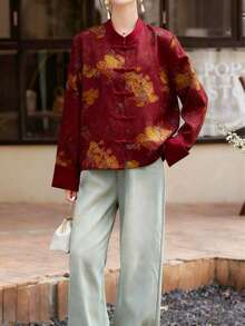 中国新年女士立领长袖印花梭织衬衫裙，纽扣前襟，常规长度 - 酒紅色 - 查看 4