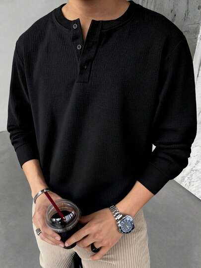 1pc Men's Black Henley Neck Long Sleeve T-Shirt, Ribbed Texture Henley Collar, Soft Knit Fabric Anti-Pilling & Deformation, Wrinkle Resistant Easy Care, Casual Retro Basic Versatile For Daily, Commute, Leisure, Outdoor Old Money Style