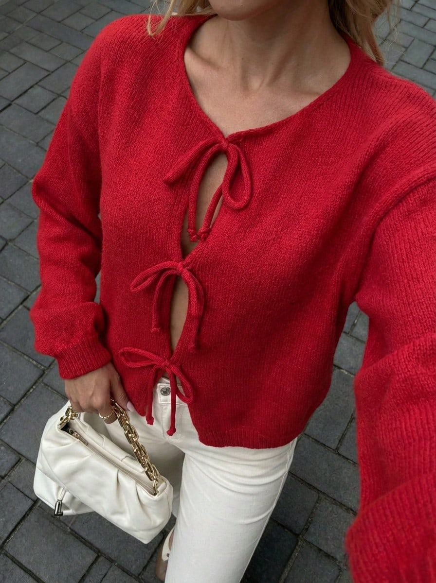 Buzzelle Cardigan à manches longues avec nœud, couleur unie, minimaliste, pour le bureau, vintage, simple, style français. Cardigan en tricot unicolore pour femmes à porter en hiver
