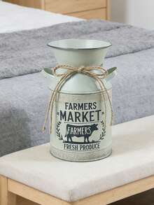 Distressed Green Iron Dual-Handled Decorative Milk Can Bottle Printed With "FARMERS MARKET" And Cow Graphic, Vintage Worn Texture With Jute Rope Tie, Suitable For Rustic Floral Vases, Storage, Home And Retail Displays To Create A Natural, Earthy Ambiance. - Four Seasons Double-eared Teapot 7 - View 8