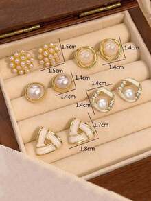 5pcs/Set Minimalist Versatile High-End Circle Faux Pearl Geometric Triangle Stud Earrings, Lightweight Luxury Fashion Design Earring Set Suitable For Women's Daily & Festival Wear (No Box) - Set D - View 7