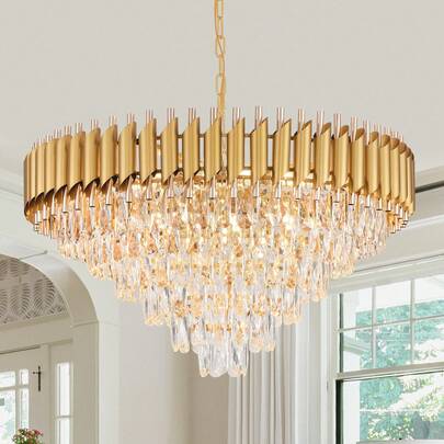 Golden Modern Crystal Chandelier, 6-Story K9 Circular Crystal Chandelier, Ceiling Crystal Chandelier, Ceiling Light, Dining Room, Living Room, Bedroom Entrance, E14 * 15 (Excluding Light Bulbs)