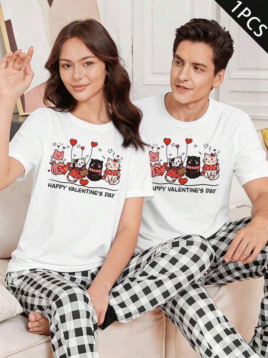 Camiseta con estampado de gato de San Valentín, tela de alta calidad, ajuste cómodo, hip-hop callejero, transpirable. - HombresBlanco-1PC - Ver 1