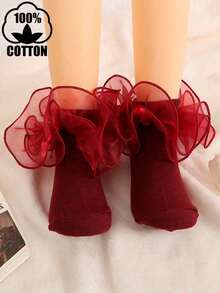1 Pair Girls Kids Cotton Princess Dance Socks With Big Lace Trim - Burgundy - View 9