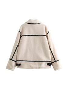 女士优雅拼接保暖外套，休闲立领拉链街头风外套，带口袋，长袖，2025冬季款 - 白色 - 查看 10