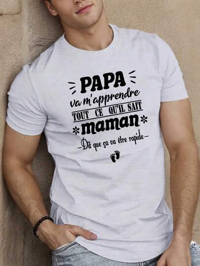 Camiseta de Manga Corta para Hombre Estilo Francés Divertido |   Top de Verano con Cuello Redondo, Patrón Geométrico, Estilo Casual, Tela Ligeramente Elástica, Ajuste Regular