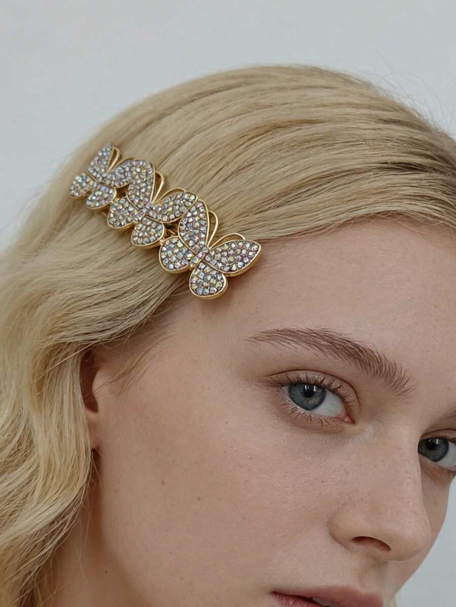 A Ins Style Bling Bling AB Color Rhinestone Butterfly Cluster Hair Clip - Gold Sparkly Fairy Hair Accessory For Daily/Dates/Parties, Claw Clips, Hair Slide, Hair Barrettes