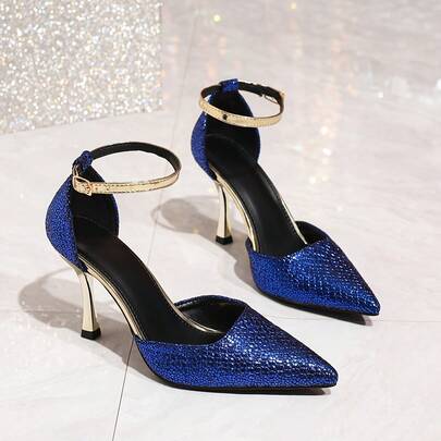 Glossy Blue Pointed Toe Stiletto Ankle Strap High Heels, Elegant Design