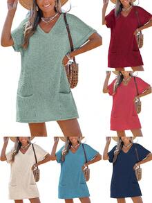 Women Crochet Beach Coverup Waffle Knit Loose Casual Wear V Neck Short Sleeve Dress Swimsuit For Women With Pockets - 紅色 - 查看 6
