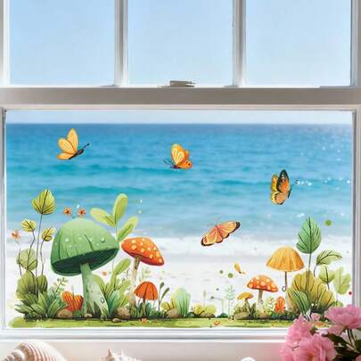 1pc Mushroom & Floral Window Stickers - Self-Adhesive Removable PVC Decals, Vibrant Garden Scene With Colorful Mushrooms And Butterflies Design, For Living Room Bedroom Bathroom Doors & Windows Decor, Single Use