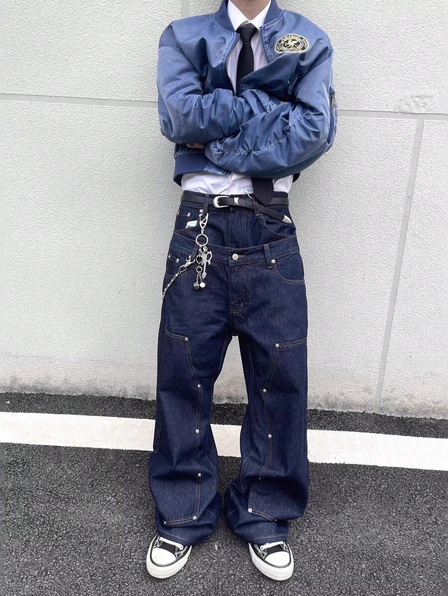 Men's Double Waist Head Colliding Loose Straight Leg Jeans Versatile Wide Leg Casual Lazy Style Jeans - 深色水洗藍 - 查看 1