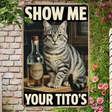 1PC 2D Flat Funny Cat Tito's Vodka Tin Sign, Vintage Cat Lover Humor Bar Metal Sign Aesthetic Room Decoration For Home Bedroom Kitchen Bar Coffee Bathroom Wall Decor, 8 X 12 IN - 杏色 - 查看 2