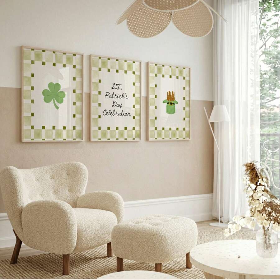 1/3幅圣帕特里克节墙画，绿色三叶草小妖精帽子帆布印刷画 | 圣帕特里克节乡村风装饰画，适用于卧室、客厅或办公室家居装饰，爱尔兰节日格子图案海报，圣帕特里克节礼物，不含画框 - 彩色 - 查看 1