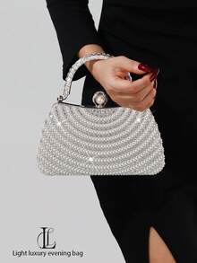 Elegant Fashion Diamond & Pearl Decor Clutch Bag, High-End Formal Evening Dress Party Handbag, Suitable For Wedding, Party, Gala, Diamond & Pearl Women Purse - Silver - View 3