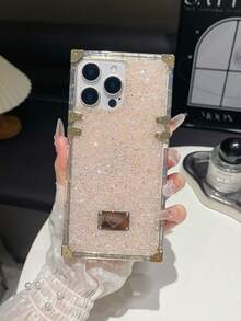 1pc Black Rhinestone Shockproof Bling Electroplated Square Phone Case Compatible With IPhone 17/16 Pro Max/13/14 - Pink - View 4
