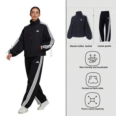 Adidas [Conjunto deportivo para mujer] Chaqueta tejida informal para correr DANCE WB 1 + Pantalón de punto de una sola capa de pierna recta, conjunto holgado para entrenamiento diario KT5003+KE5802