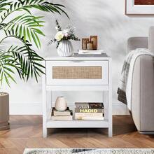 FUNBERRY Small White Bedside Table Modern Rattan Side Table With Metal Handle Nightstand With Drawers For Bedroom And Living Room - White - View 2