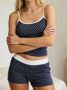 Women's Dot Pajama Set Fashionable Summer Slim Fit Tank Tops With Shorts 2Pcs Soft Sleepwear Women's Polka Dot Cami  Short Pajama Set - 2-Piece Soft Sleepwear  Loungewear(Navy Blue, S-L) - 藍色 - 查看 4