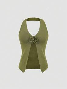 FOR BEAUTY 春夏新款音乐节绿色森林3D花朵无袖针织背心，修身沙滩度假风，性感露背上衣，适合海边和沙滩穿着，嘉年华服装 - 橄欖綠 - 查看 5