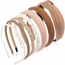 Diademas para Mujer, Piezas Diferentes Bandas para el Cabello con Accesorios de Moda, Marrn Anudado Slido, Perlas, Trenzadas - Caqui - Ver 2
