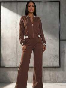 2pcs Women's Fashion Activewear Set, Baseball Collar Zipper Pocket Long Sleeve Top And High Waisted Drawstring Wide Leg Pants, Spring - Coffee Brown - View 2