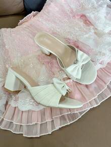 Cute New Thick Heel Round Toe Sandals With Bow Tie, Elegant & For Party, Prom, Banquet - White - View 11