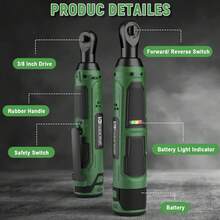 3/8 Inch Cordless Electric Ratchet Wrench Set 40 Ft-Lbs 12V Auto Repair Tool With 2 Batteries Fast Charger 10 Sockets Car Maintenance Essential For Winter Automotive Repairs - 墨綠色 - 查看 2