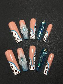 Unghii pătrate, lucrate manual, format din 10 piese, cu diametrul de 4,5 cm, cu decorațiuni cu strasuri, dungi, buline și flori. Kit pentru unghii artă, potrivit pentru femei și fete, ideal pentru petreceri, sărbători și purtare zilnică. Accesorii pentru unghii, seturi pentru unghii acrilice, inclusiv kituri, unghii artă presate manual, autocolante pentru unghii false și produse de îngrijire a unghiilor. - Multicolor - Vizualizare 1