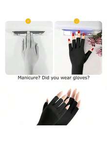 Black Short UV Protection Fingerless Gel Nail Manicure Gloves - Black - View 4