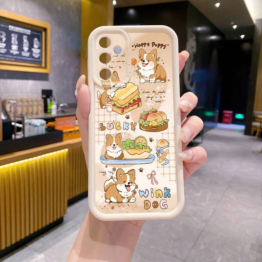 1pc Cute Puppy Eating Burger Shockproof Phone Case, UV Printed For Samsung/Galaxy/Infinix/Redmi/OPPO/VIVO/Realme Android Models - Beige - View 1