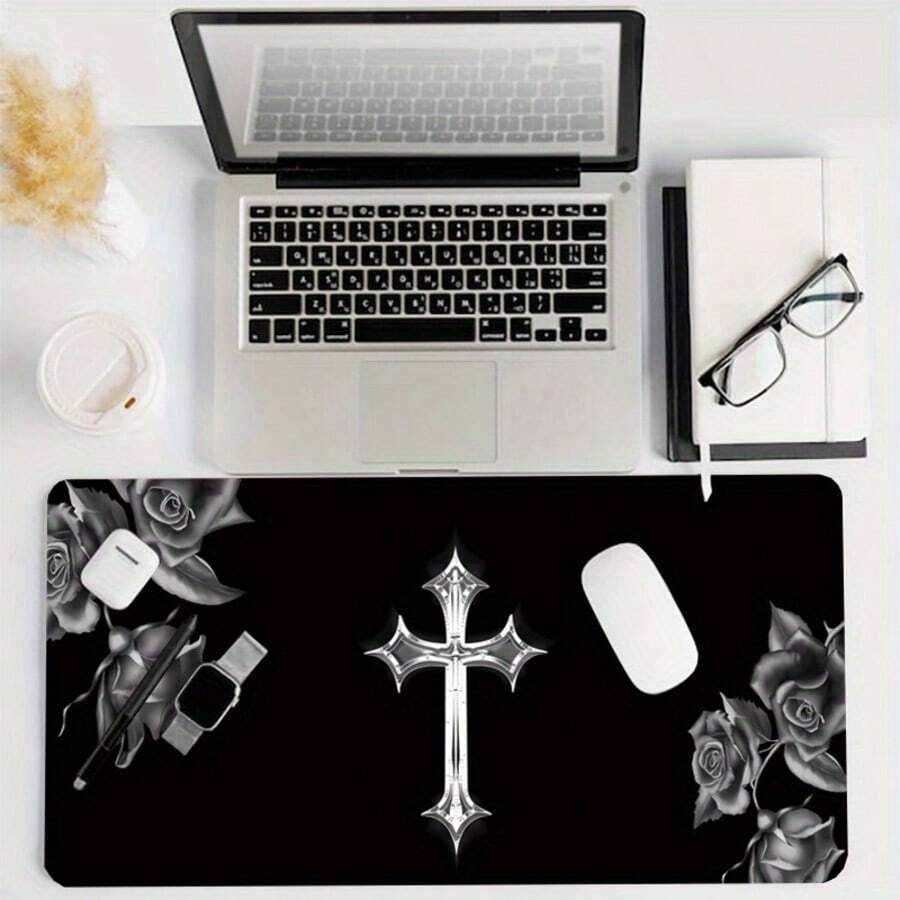1 pieza Alfombrilla de ratón/Tapete de escritorio grande con cruz gótica y rosa - Estética en blanco y negro para computadora, base antideslizante e impresión de alta definición suave, tamaño extra grande, adecuada para PC, oficina y configuración de juegos de computadora - Compatible con ratón láser/óptico - Multicolor - Ver 1