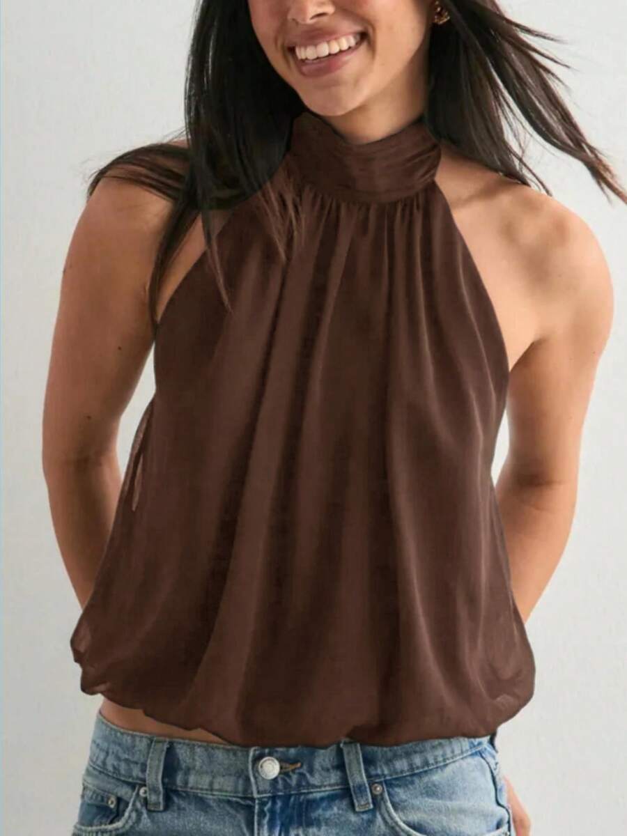 Women Cute Puffy Halterneck Top Sleeveless Open Back Tank Tops Fashion Button Neck Crop Tops Summer Y2K Loose Vest For Club Party Streetwear Going Out Outfit - 深棕 - 查看 1