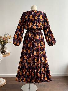 Abito casual da vacanza con scollo a V in pizzo floreale retrò bohémien blu navy profondo - blu scuro - Visualizzare 3