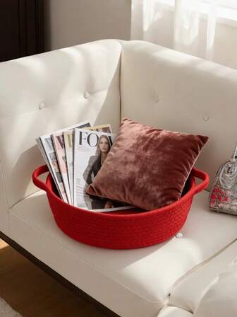 Chic White Woven Storage Basket With Handles, 12x8x5" - Perfect For Pet Toys, Bathroom Towels & Skincare Organization, Decorative Gift Basket, Laundry Baskets