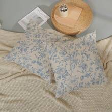 1pcs Faux Linen Pink Vintage Floral Pillow Covers 18x18 Inch Preppy Pink Cream Rustic Toile Chinoiserie Flower Decor Throw Pillows Outdoor Decoration Pillowcase Linen Cushion Cover For Couch Sofa Bed Single-Sided Print Without Zipper - 淺藍色 - 查看 2