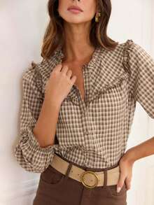 ELVA Brown Button Up Women Shirt Brunch Women Outfit Office Teacher  School Streetwear Casual Outing Women's Fashion Elegant Shirt Simple Basic Casual Fantasy Young Spicy Girl Fashion Spicy Girl Bold Tea Party Brunch Set Go Out Street Wear Grey Mini Women's Shirt Summer Holiday Dress Women's Shirt Women's Elegant Shirt Women's Casual Shirt Y2k Clothes Spring Dress Summer Dress - Brown - View 1