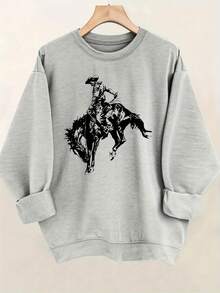 Women'S Oversized Cowboy Riding Horse Graphic Sweatshirt - Western-Themed Long Sleeve Pullover With Round Neck, Soft Warm Fabric For Fall Winter - 灰色 - 查看 1