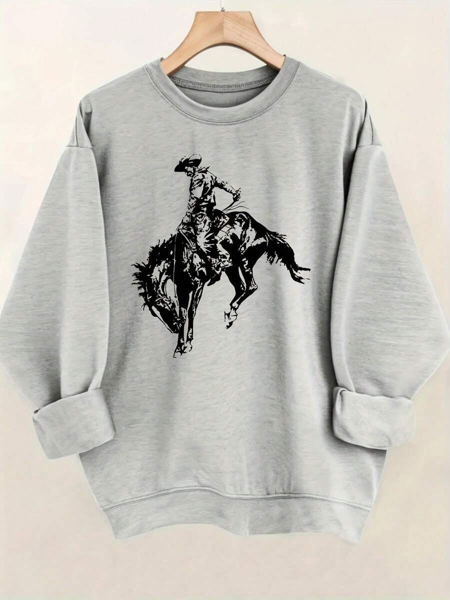 Women'S Oversized Cowboy Riding Horse Graphic Sweatshirt - Western-Themed Long Sleeve Pullover With Round Neck, Soft Warm Fabric For Fall Winter - 灰色 - 查看 1