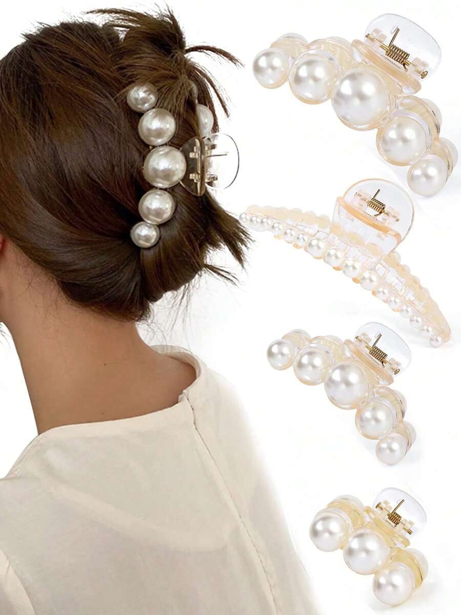 4 chiếc kẹp tóc tối giản đính ngọc trai, thích hợp sử dụng hàng ngày, phụ kiện tóc thời trang, kẹp tóc thanh lịch cho kỳ nghỉ hè, bãi biển.