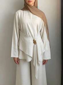 Women Metal Decor Round Neck Long Sleeve Top And Wide Leg Pants Conservative Suit - Beige - View 8