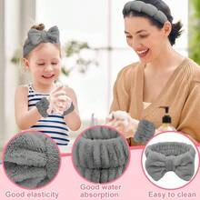 - Juego de 4 diademas y muequeras de spa, accesorios reutilizables para maquillaje y cuidado de la piel para lavado, prevenir el desbordamiento de lquidos, para mujeres y nias - Gris - Ver 5