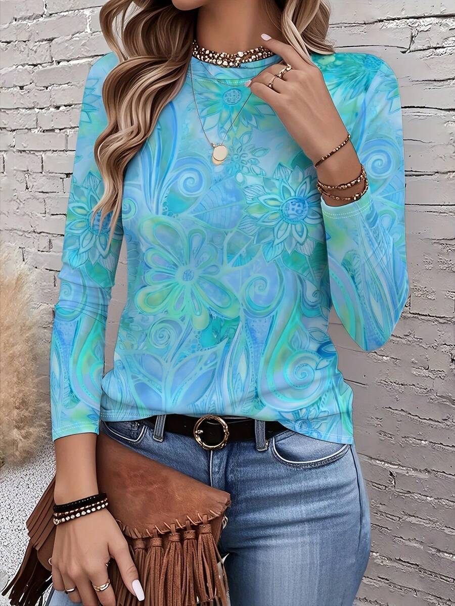 Women's Floral Print Long Sleeve T-Shirt - Vibrant Multicolor All-Over Design, Round Neck Casual Top, Machine Washable Spring/Fall Wardrobe Essential, Spring Fashion, Artistic Tee, Comfortable Fit, Print Blouse, Women - Xanh da trời - Xem 1