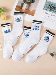 1 Pair/5 Pairs/10 Pairs Women's Mid-Calf Socks - Disney Stitch Pattern, Couple Mid-Calf Socks, Two-Stripe Sports Mid-Calf Socks, Versatile Style, Suitable For Daily Wear And As Holiday Gifts - Multicolor - View 11