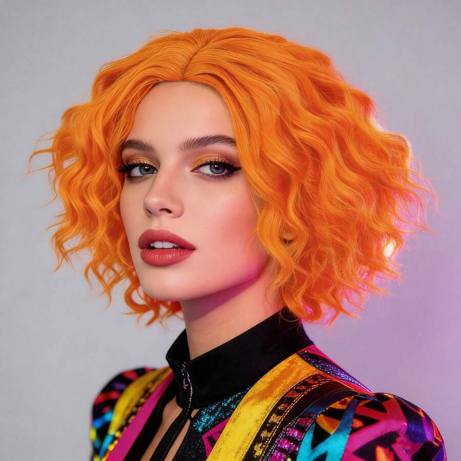 Hitzebeständige synthetische orange Bob Perücke, kurze flauschige lockige schulterlange Perücke. Natürlich & leicht zu tragen für Männer und Frauen. Geeignet für Partys, Urlaub, Clown Cosplay, Bühne, Ausstellung und Weihnachten, ideales praktisches Geschenk. - Verschiedenfarbig - Übersicht 1