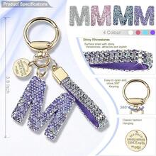 Llavero con letra inicial rosa y azul y blanco, regalo para mujeres y nias, mochila brillante y bonita, accesorios para llaves del coche - M-púrpura - Ver 2