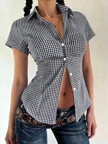 阳光少女风春季情人节女装Y2K返校季棉质修身翻领短袖衬衫，带纽扣，蓝色格子学院风上衣 - 藍色 - 查看 5