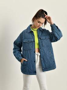 Denim Striped Jacket - Blue - MADE IN TURKEY - Navy Blue - View 1